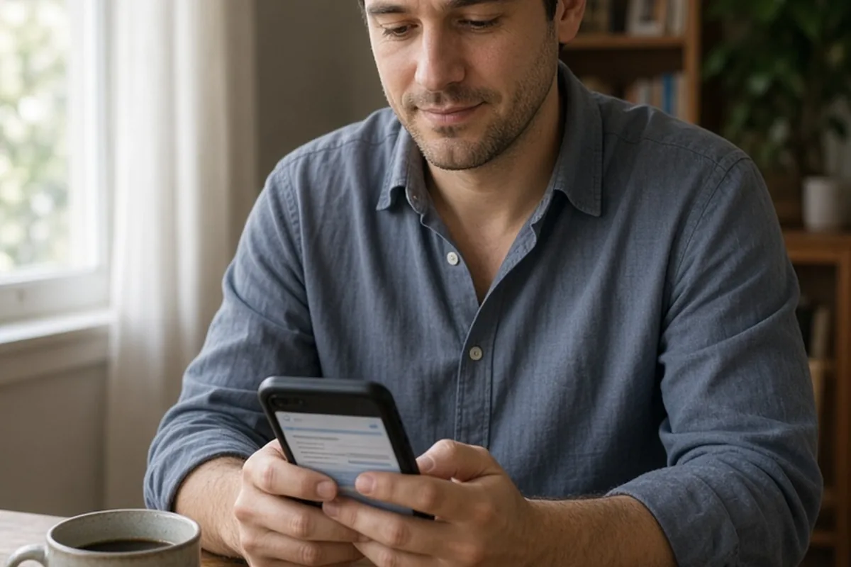 A man with short dark hair calmly holding a smartphone in a home setting and looking at the screen with a reassuring expression
