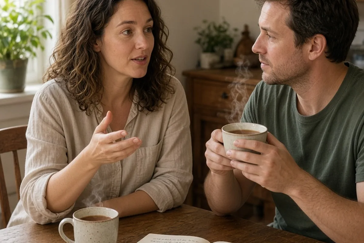 A woman and a man sitting at a wooden dining table in a home, calmly discussing chores with tea and a notebook between them