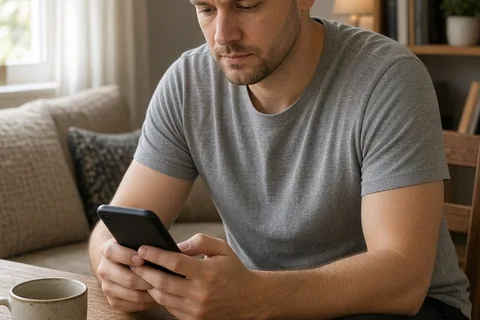 A man in his early thirties with short brown hair sitting at a desk in a living room holding a smartphone and composing a text message with a calm expression