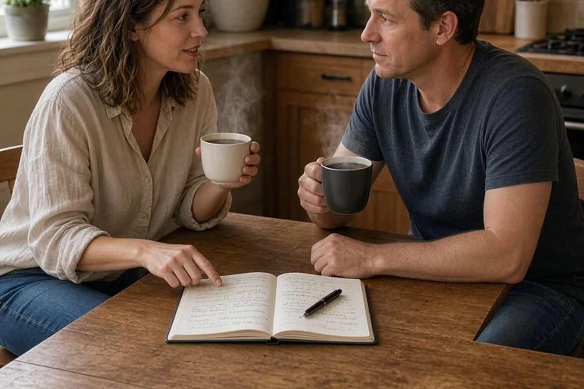 A woman and a man sitting at a kitchen table with coffee and a notebook, engaged in writing a shared plan.