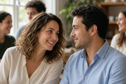 A woman asking a man a question in a lively group gathering, leaning in with direct eye contact as he listens and responds, blurred friends in the background