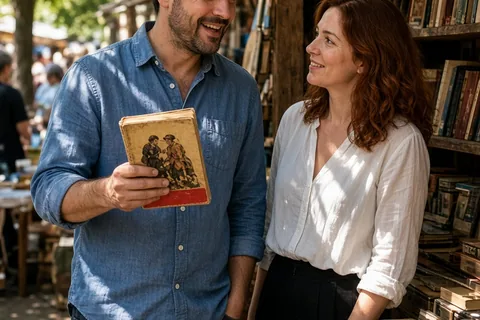 A man and woman at an outdoor flea market browsing a vintage book stall, the man excitedly holding up an old book while the woman smiles and examines nearby items.