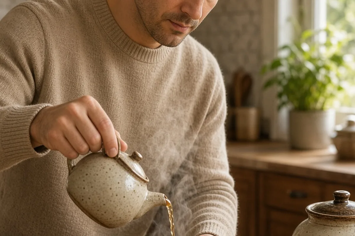 A clearly adult man with short dark hair in his thirties wearing a beige sweater carefully pouring steaming tea from a teapot into a ceramic mug on a wooden kitchen counter in a cozy home kitchen
