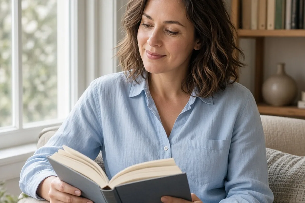 A clearly adult woman in her early thirties with shoulder-length wavy brown hair reading an open book calmly in a bright room by a window with soft natural light and a calm expression