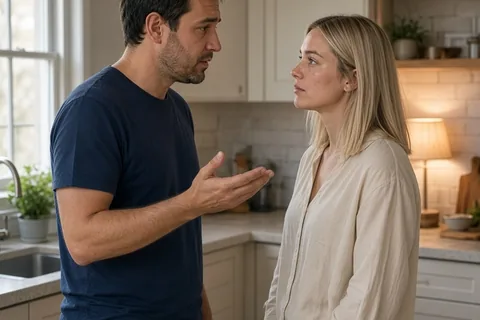A man with short dark hair in a navy t-shirt and a woman with blonde hair in a cream blouse standing in a kitchen, the man explaining his emotional needs directly to the woman