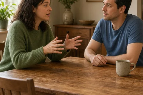 A woman and man seated at a dining table in a home, the woman gesturing as she speaks about needing time to process her emotions, the man listening supportively.