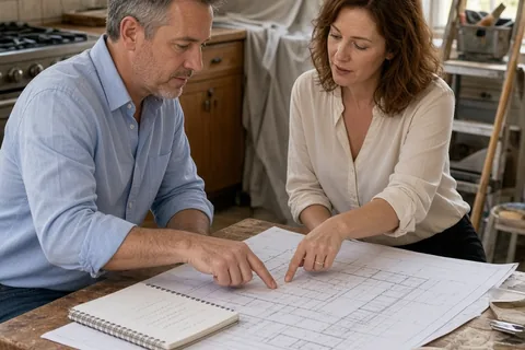 A man and a woman in their kitchen during a kitchen remodel, discussing the remodel plans and budget at the table.
