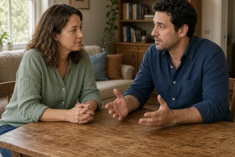 A man and woman in their mid-thirties sitting across from each other at a wooden table in a living room, the man gesturing as he speaks to the woman who listens attentively