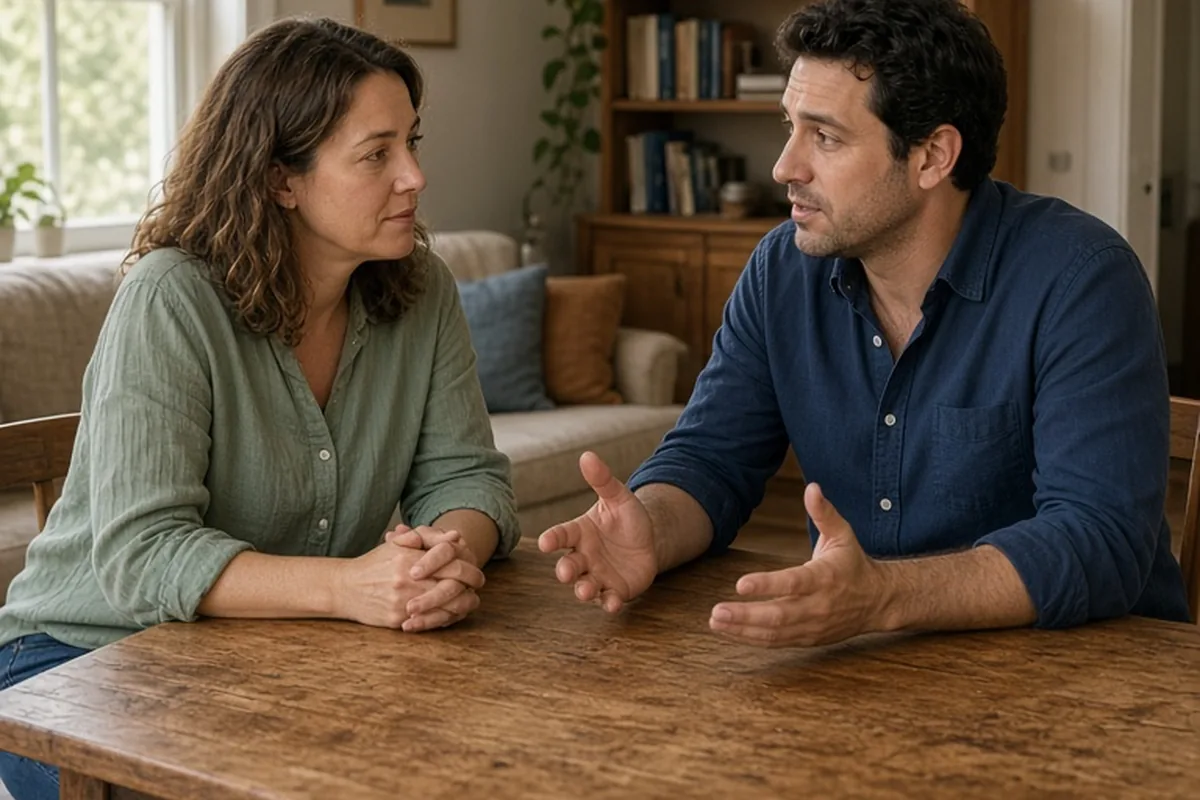A man and woman in their mid-thirties sitting across from each other at a wooden table in a living room, the man gesturing as he speaks to the woman who listens attentively