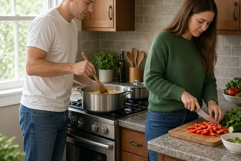 A man and a woman cooking dinner together in a kitchen