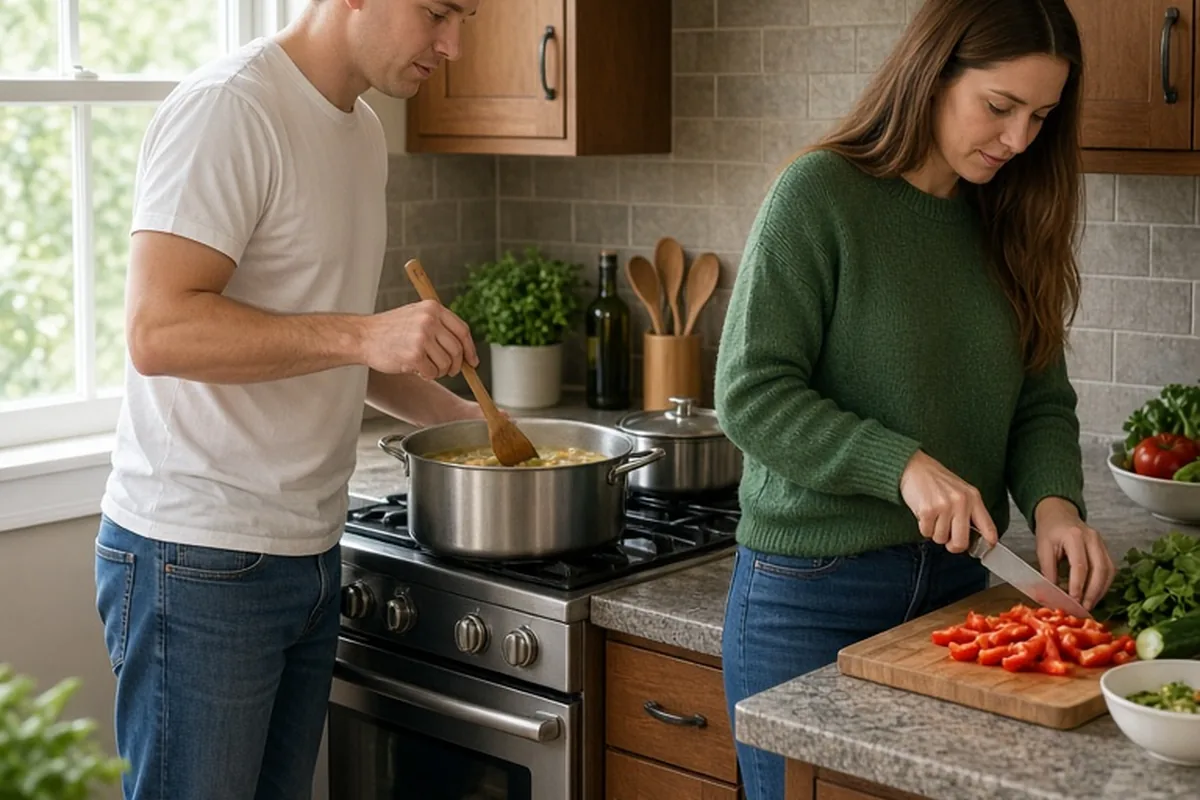 A man and a woman cooking dinner together in a kitchen