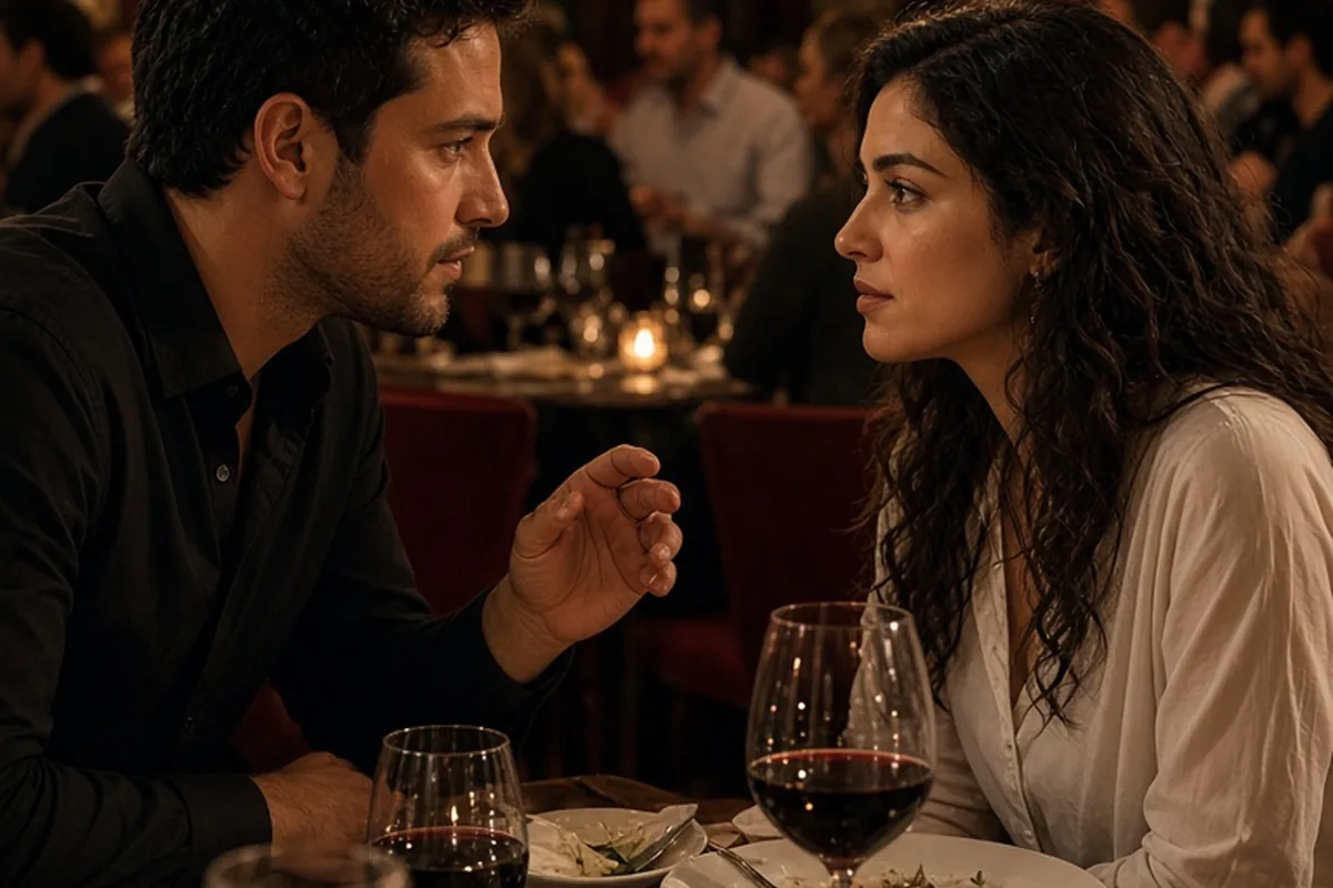 A man and woman at a restaurant dinner table, the man catching the woman's eye and suggesting they leave early.