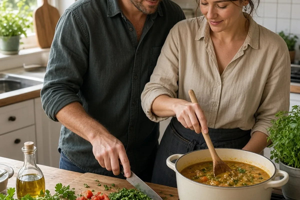 A man and a woman in their mid-thirties stand in a kitchen, one stirring a pot of soup and the other chopping vegetables on the counter as they prepare a meal together.