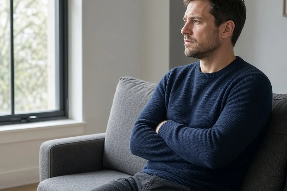 A man in his mid-thirties with short brown hair sitting alone on a sofa with his arms crossed and staring blankly out the window with a withdrawn expression.