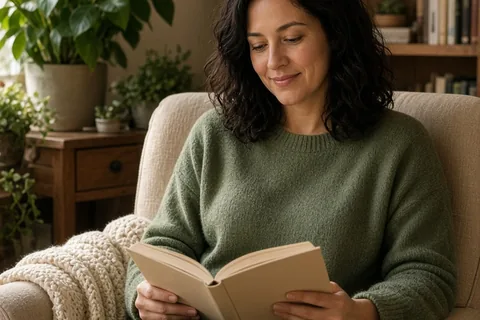 A woman with wavy dark hair sitting in a cozy armchair reading a book in a warmly lit living room.