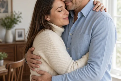 The woman with long straight brown hair in a turtleneck sweater hugging the man with styled dark hair in a button-down shirt in their home, with her arms around his neck and his hand on her back