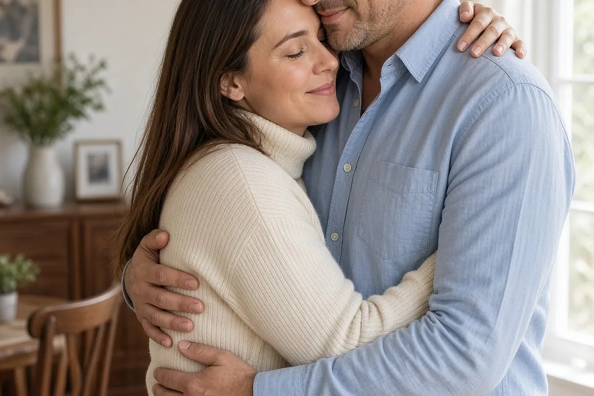 The woman with long straight brown hair in a turtleneck sweater hugging the man with styled dark hair in a button-down shirt in their home, with her arms around his neck and his hand on her back