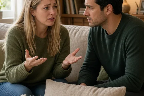 A woman with long straight blonde hair sitting on a couch while a man with short dark hair listens to her in a living room.