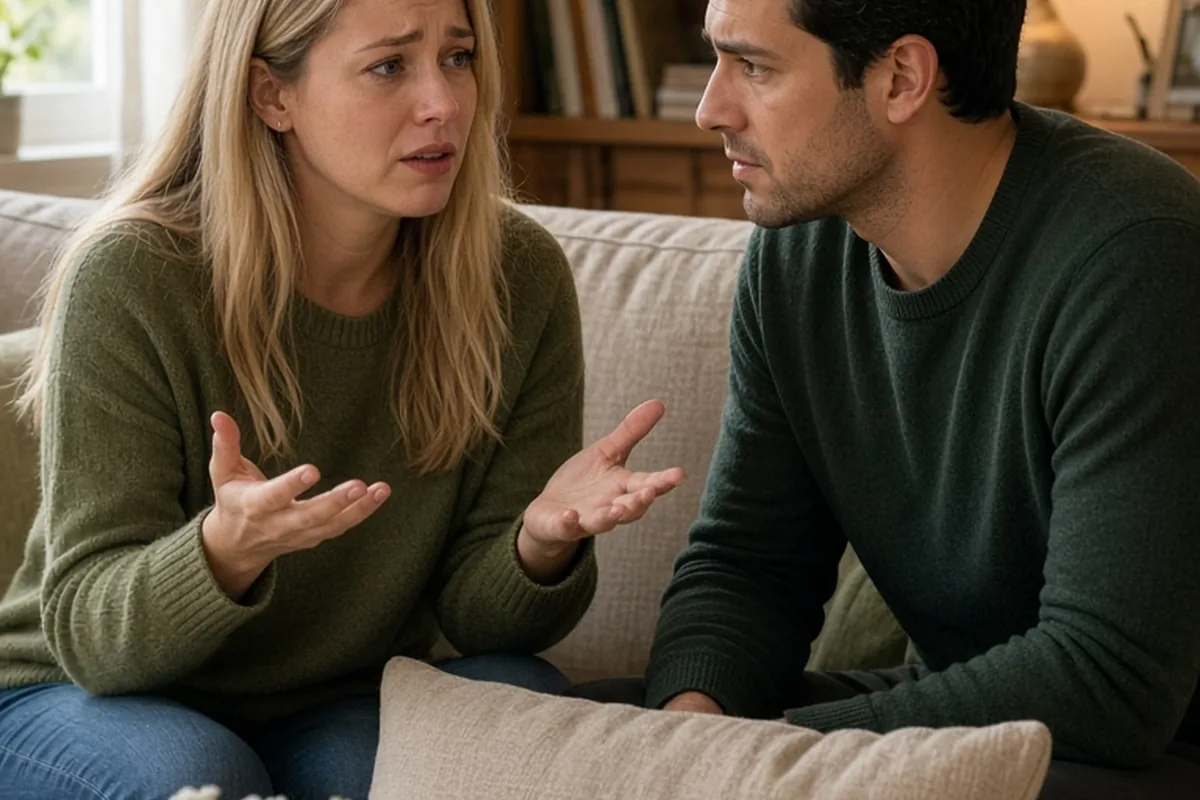 A woman with long straight blonde hair sitting on a couch while a man with short dark hair listens to her in a living room.