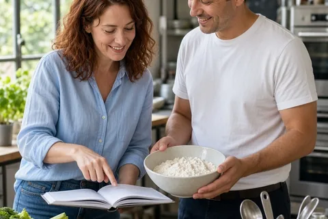 The mid-thirties woman with wavy auburn hair and the mid-thirties man with short dark hair preparing ingredients together at a kitchen counter in a culinary class.