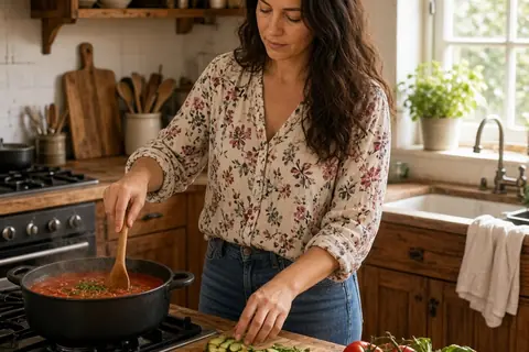 A woman in her mid-thirties with long wavy dark brown hair preparing a meal in a home kitchen under bright natural light from a window