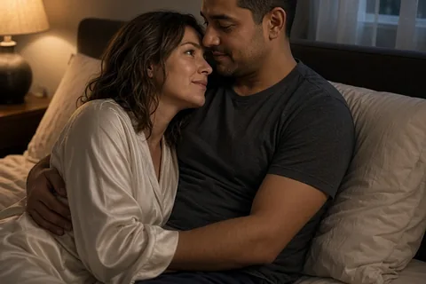 A Cancer woman resting her head on the Scorpio man's chest in a dimly lit bedroom while he holds her protectively.