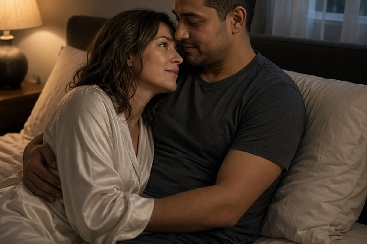 A Cancer woman resting her head on the Scorpio man's chest in a dimly lit bedroom while he holds her protectively.