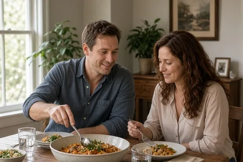 The man serves food to the woman at the dining table while they share a meal.