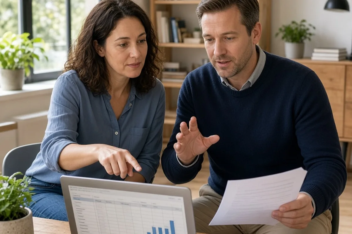 A woman in her mid-thirties with wavy dark brown hair and a man in his early forties sitting at a desk in a home office, the woman pointing to a laptop and the man gesturing toward a paper as they dis