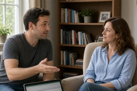 A clearly adult man in his early thirties with short brown hair wearing a casual t-shirt and jeans and a clearly adult woman in her early thirties with shoulder-length wavy auburn hair wearing a light