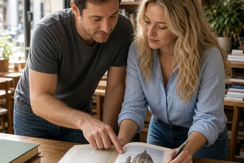 The couple in a bookstore examining a travel guidebook together with the man pointing to a landmark and the woman reading the pages.
