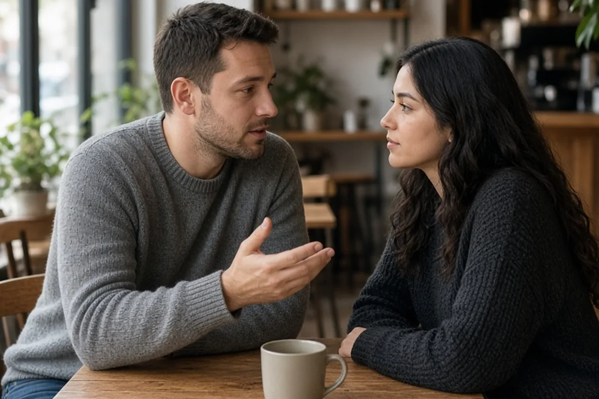 A couple in a bright modern cafe at a wooden table, the man gesturing and speaking as the woman listens attentively.