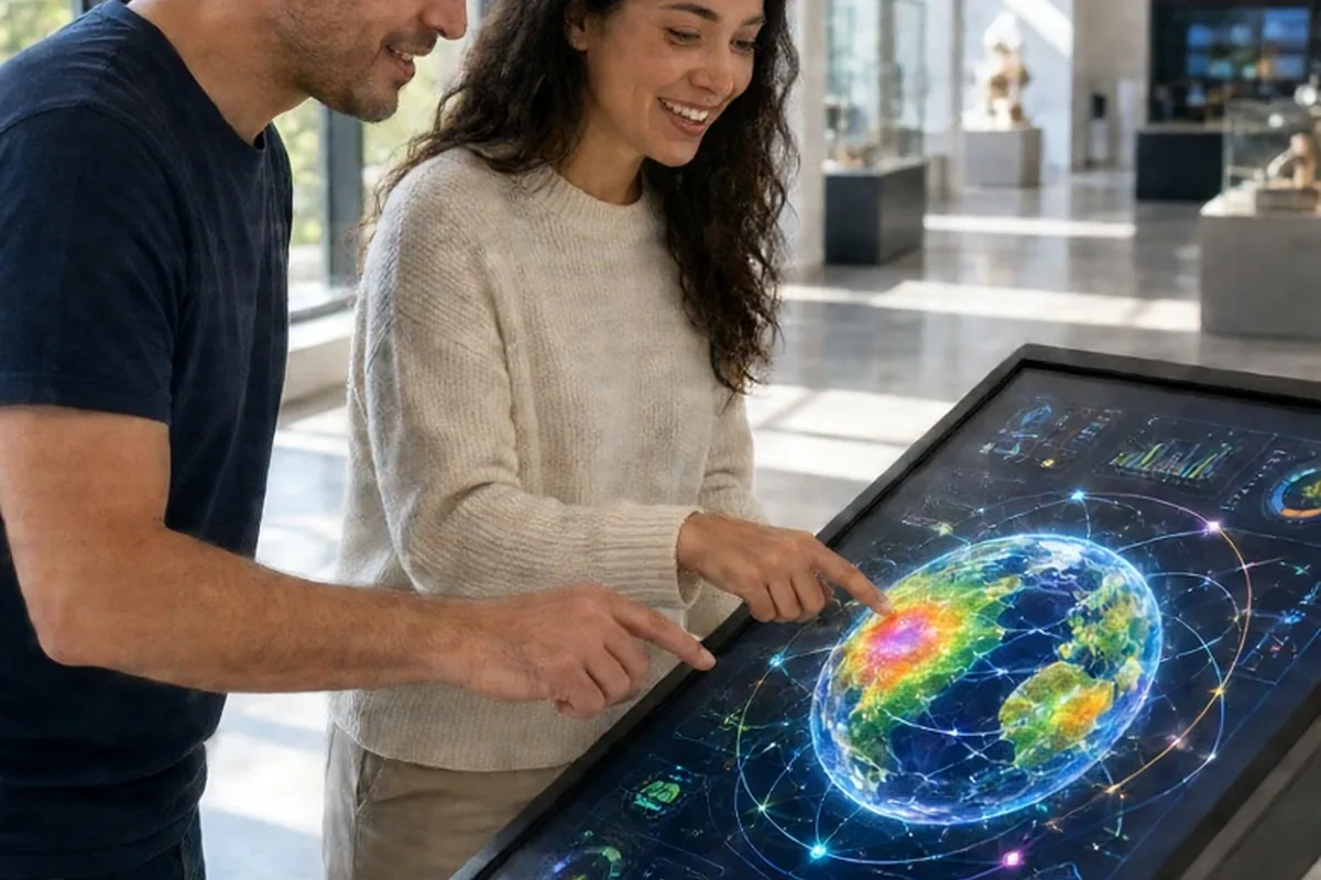 An Aquarius man and a Sagittarius woman exploring an interactive digital exhibit in a museum, gesturing and pointing at colorful animated visualizations on a large touchscreen.
