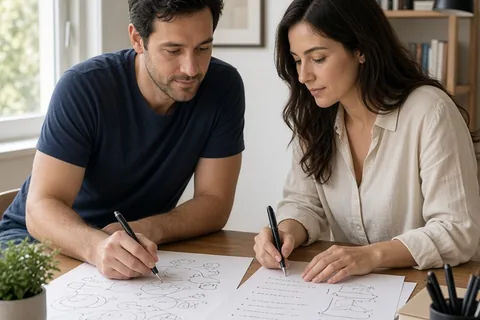 A man and woman seated at a table in a home office, one sketching ideas and the other organizing notes on paper.