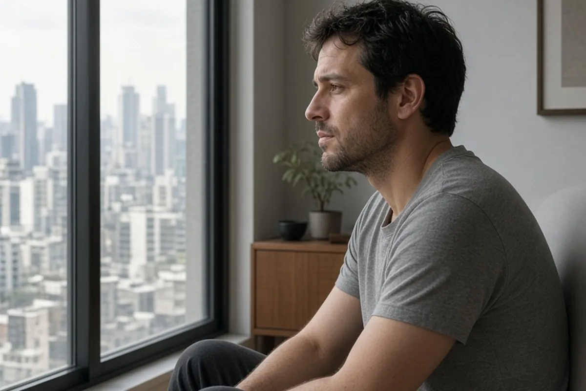 A man sitting alone by a window in an apartment, gazing pensively out at the city skyline