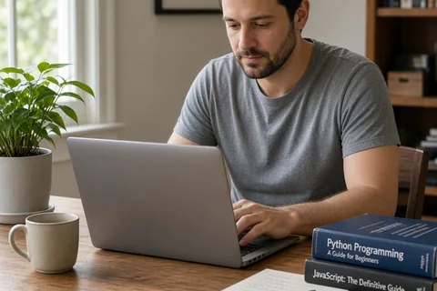 A man in his thirties with short dark hair sitting at a desk focused on his laptop in a home office
