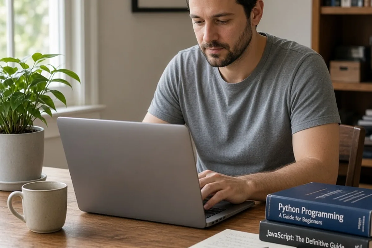 A man in his thirties with short dark hair sitting at a desk focused on his laptop in a home office