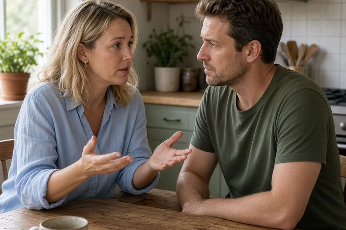 A man and woman sitting at a kitchen table in a calm conversation, with the woman gesturing and the man listening attentively
