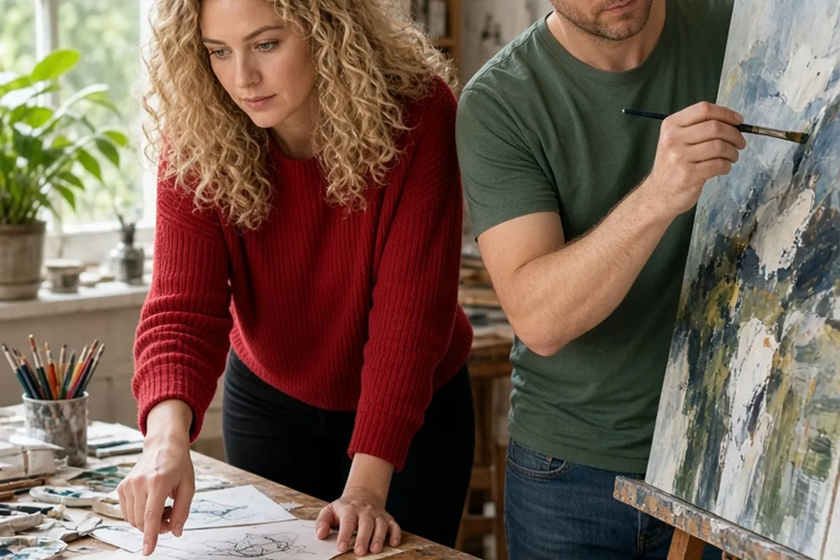 The woman with curly blonde hair in a red sweater organizes papers at a table while the man with short brown hair in a green t-shirt paints a canvas beside her in a bright studio