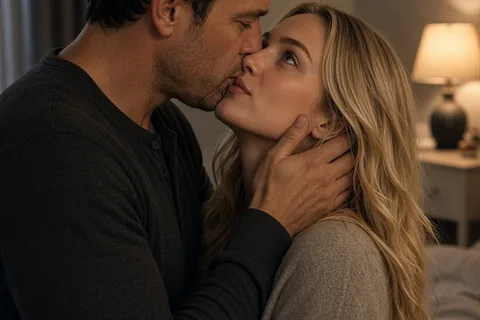 A man and woman embracing closely in a dimly lit bedroom