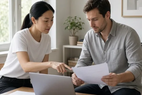 A man and a woman working side by side at a desk in a bright office, focused on a laptop together in silence.