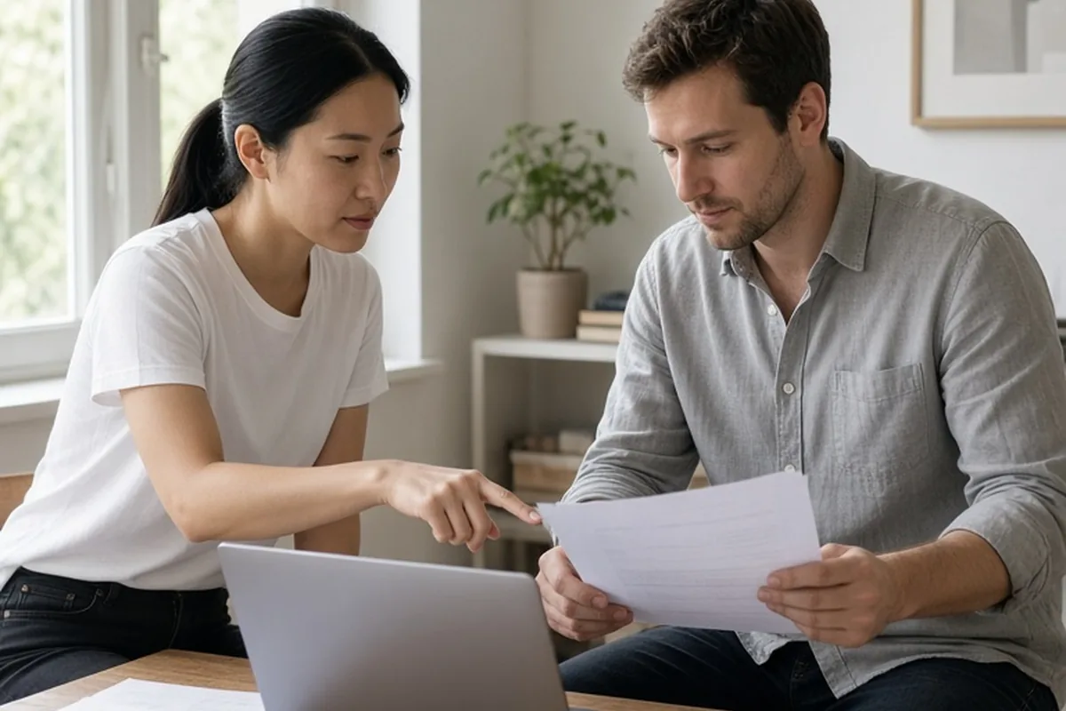 A man and a woman working side by side at a desk in a bright office, focused on a laptop together in silence.