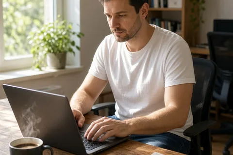 A clearly adult man in his thirties with short brown hair wearing a white t-shirt and blue jeans, seated at a desk in a home office looking at his laptop screen while making a reservation with natural