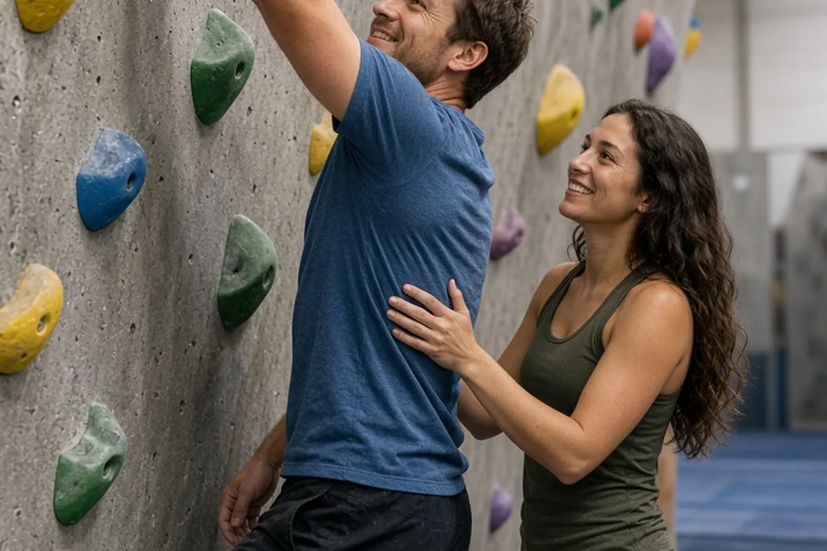 A man and a woman climbing an indoor rock wall side by side in a gym, one reaching for a high hold while the other supports him with smiles