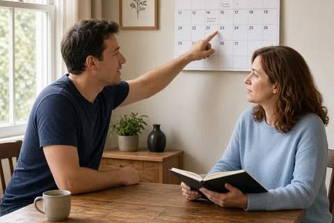 A couple at a dining table discussing weekend plans, man pointing to calendar date, woman holding planner
