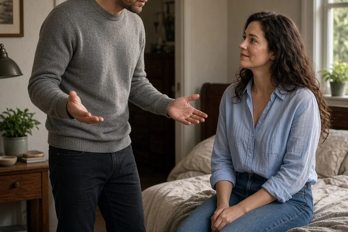 A man with short brown hair in a gray sweater standing in a bedroom gesturing and speaking to a woman with long wavy dark brown hair in a blue blouse who is seated on the bed