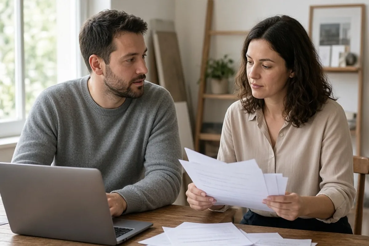A man and woman at a desk in a home office discussing home renovation details with laptop and papers visible but unreadable