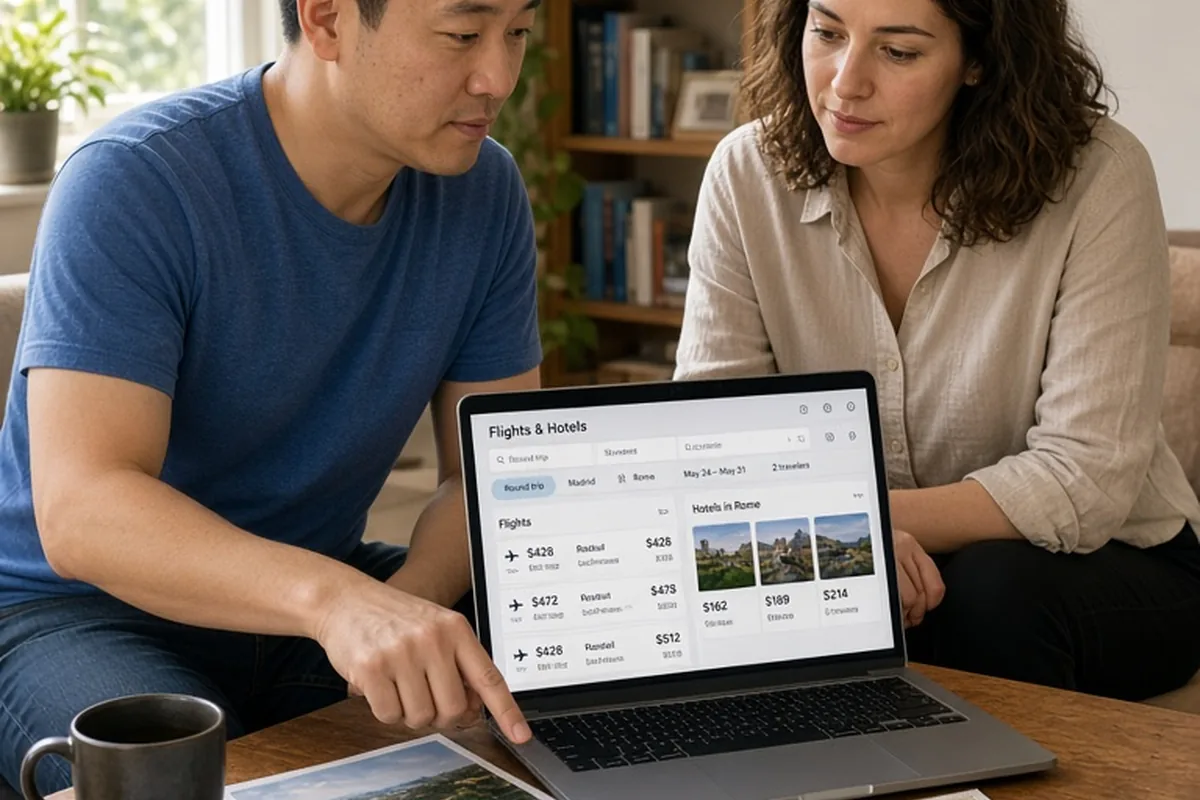 A couple sitting at a desk in a home office with a laptop displaying travel websites and a printed map, the man pointing at the map while the woman looks at the laptop screen