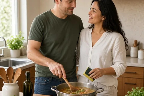 A man cooking at the stove in a kitchen and a woman pausing to thank him while holding a sponge at the counter with mutual understanding on their faces