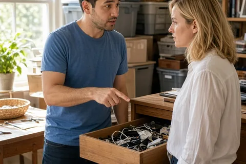 A man in his early thirties with short black hair pointing at a messy drawer while talking to a woman in her early thirties with shoulder-length blonde hair in a living room with home organization ite